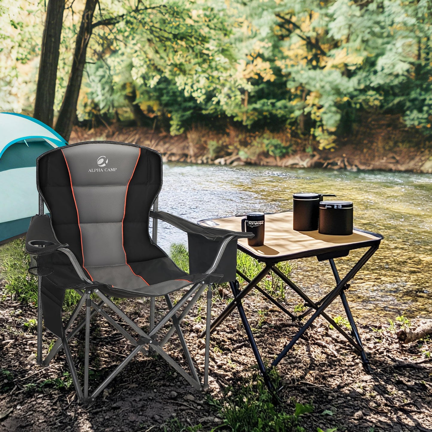 LET'S CAMP Folding Camping Chair Oversized Heavy Duty Padded Outdoor Chair with Cup Holder Storage and Cooler Bag, 450 LBS Weight Capacity, Thicken 600D Oxford,2 Pack