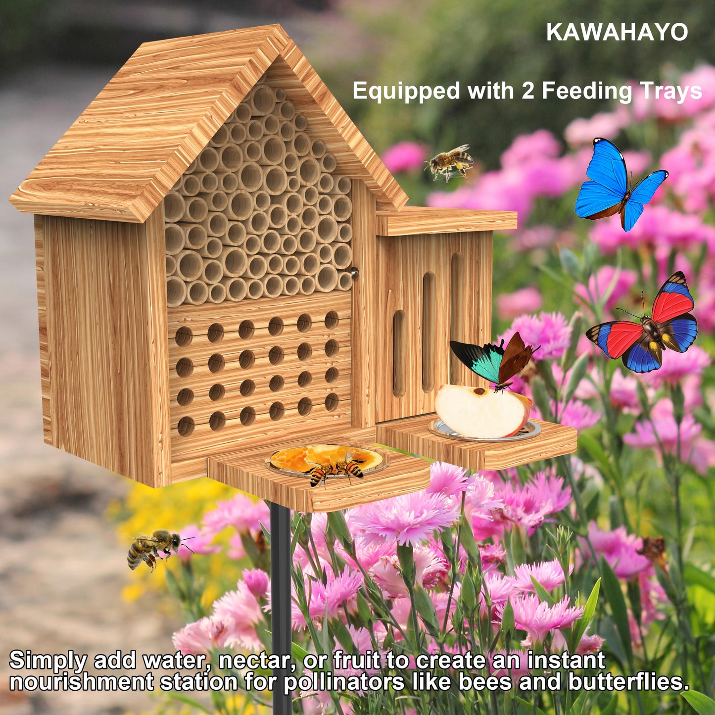 Mason Bee House Wooden Butterfly House with Feeders and Metal Stake, Insect Hotel for Garden Backyard, Natural Handmade Waterproof Bugs House, Attracts Bee, Butterfly, Ladybirds Pollinators