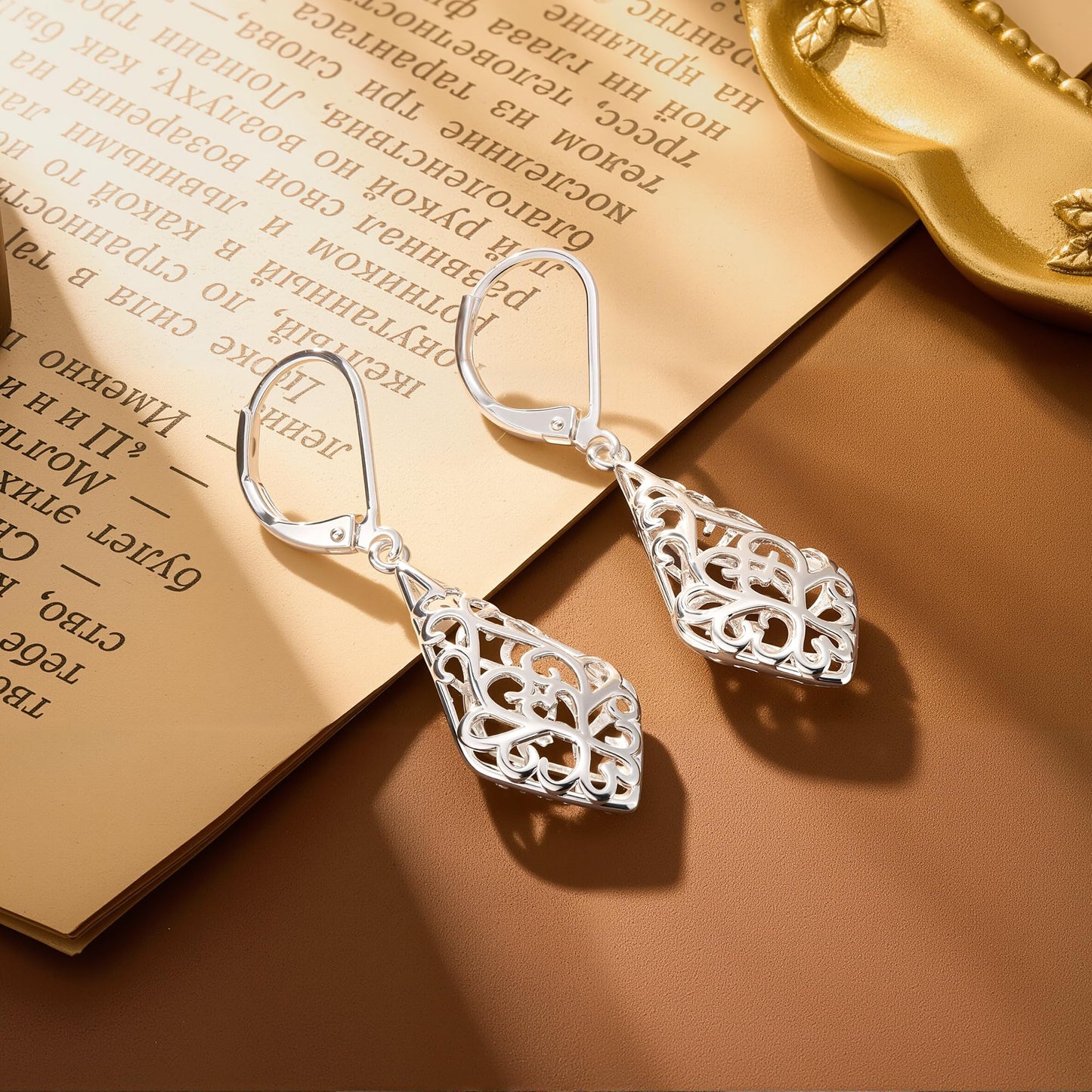 925 Sterling Silver Dangle Earrings for Women, Geometric Filigree Dangling Leverback Earrings, Silver Hypoallergenic Lightweight Dangly Drop Earings for Women Trendy Jewelry Gifts