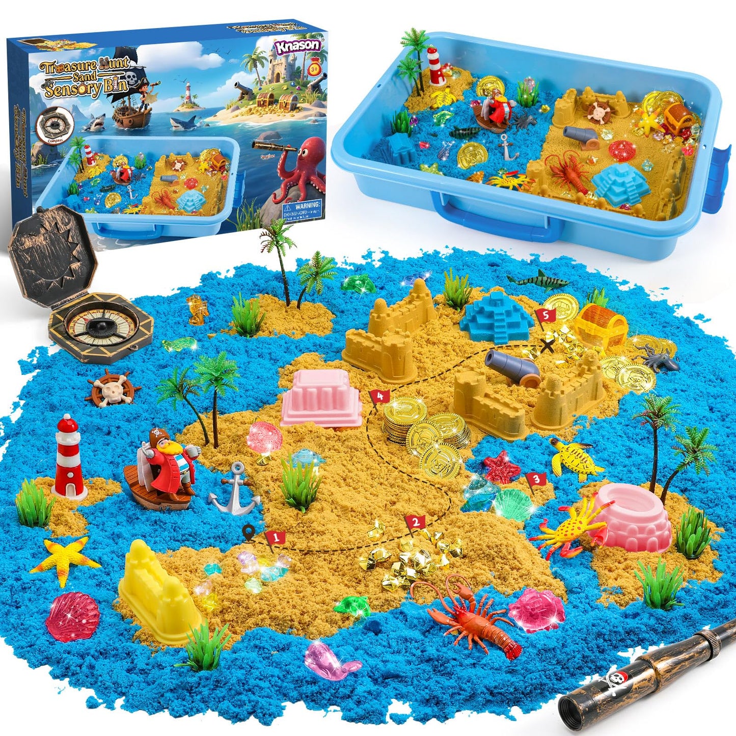 KNASON Pirate Treasure Chest Sensory Bin,Play Sand Kit for Boys with Pirate Accessories,2.2lbs Sand,Glow in The Dark Gems and Map,Pretend Play Adventure Sensory Toys for Toddlers Kids Ages 3 4 5 6 7 8