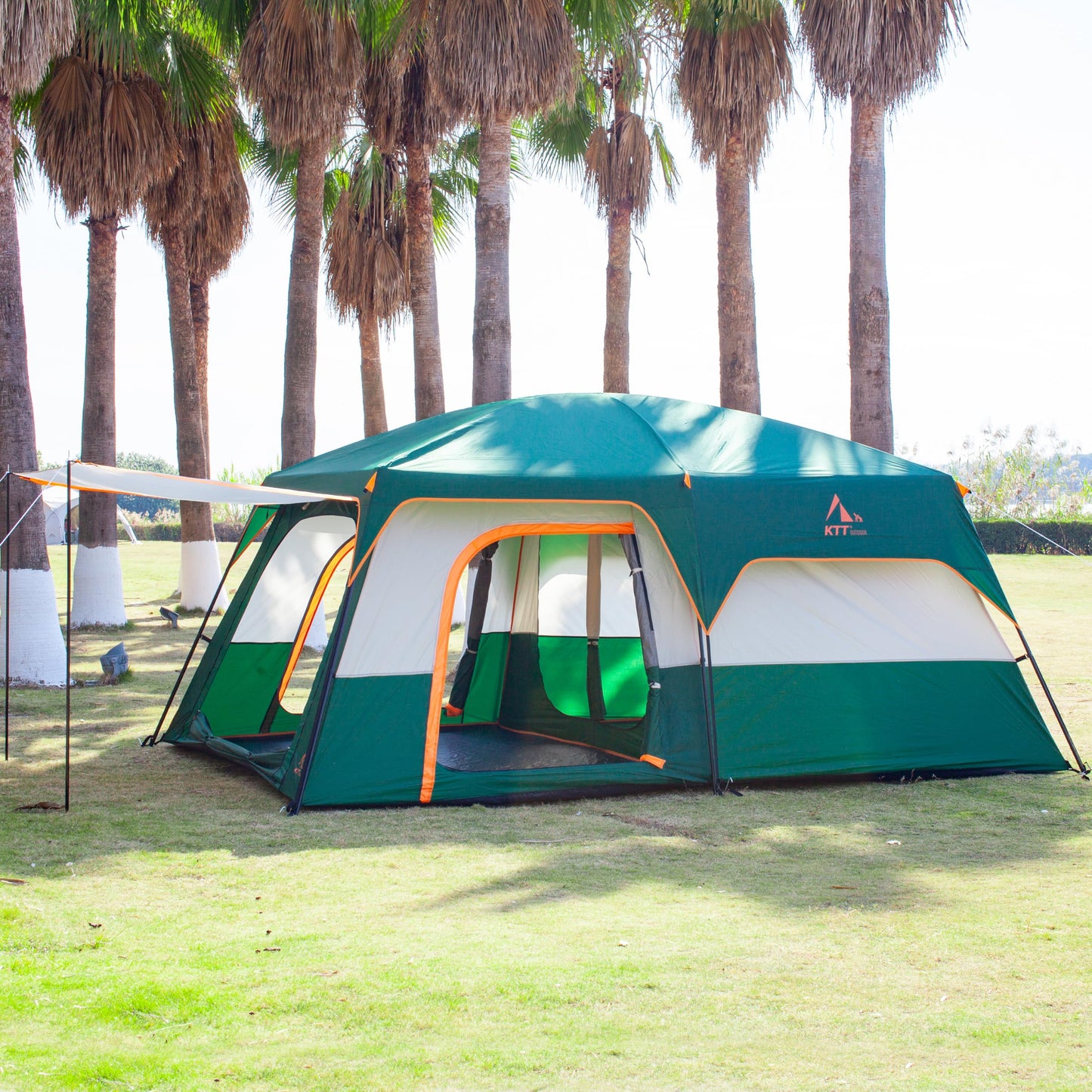 KTT Extra Large Tent 10-12 Person(B),Family Cabin Tents,2 Rooms,3 Doors and 3 Windows with Mesh,Straight Wall,Waterproof,Double Layer,Big Tent for Outdoor,Picnic,Camping,Family Gathering(Green)
