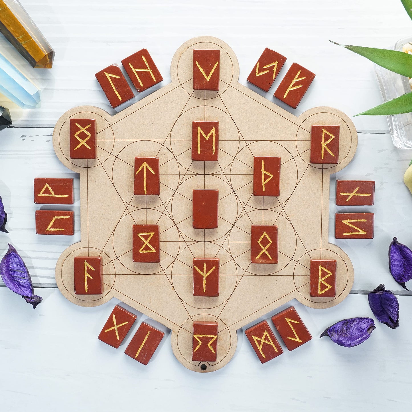Crocon Red Jasper Rectangle Shape Gemstone Runes with Elder Futhark Alphabet Engraved 25 pcs Rune Set Crystal Divination Metaphysical Healing Balancing Chakra Reiki Runes with a Pouch| Size : 20-25mm