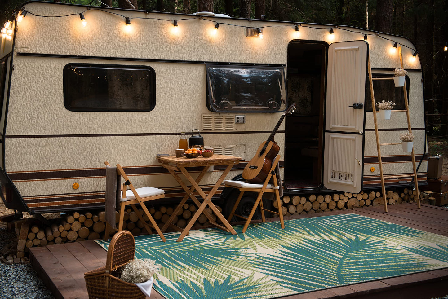 Rugshop Tropical Floral Reversible Crease-Free Waterproof Premium Recycled Plastic Outdoor Rugs for Patio,Backyard,RV,Deck,Picnic,Trailer,Beach,Camping Green 3' x 5'