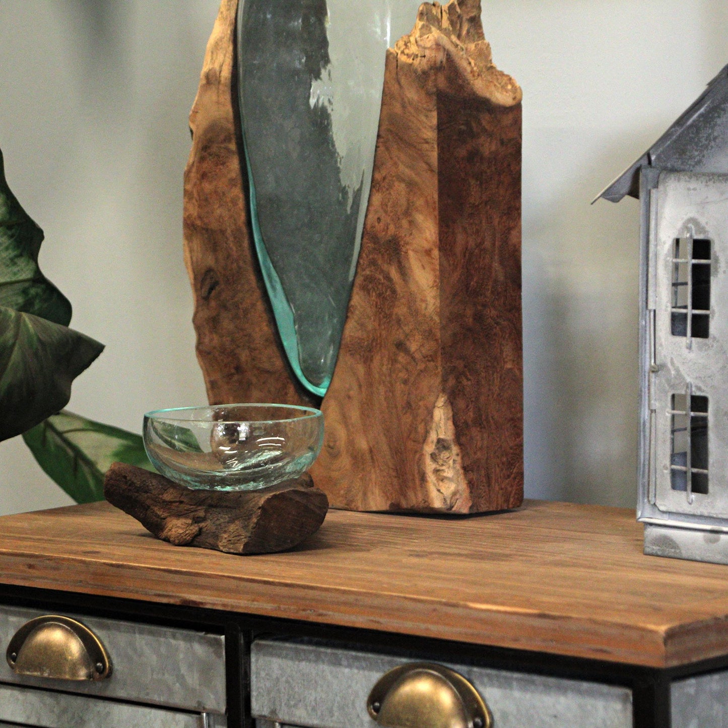 Wide-Mouth Glass and Teak Driftwood Sculptural Bowl – Unique 3.25” High, 5.75” Long, 4.5” Wide Decorative Centerpiece for Succulent Gardens, Floral Arrangements, and Home Décor
