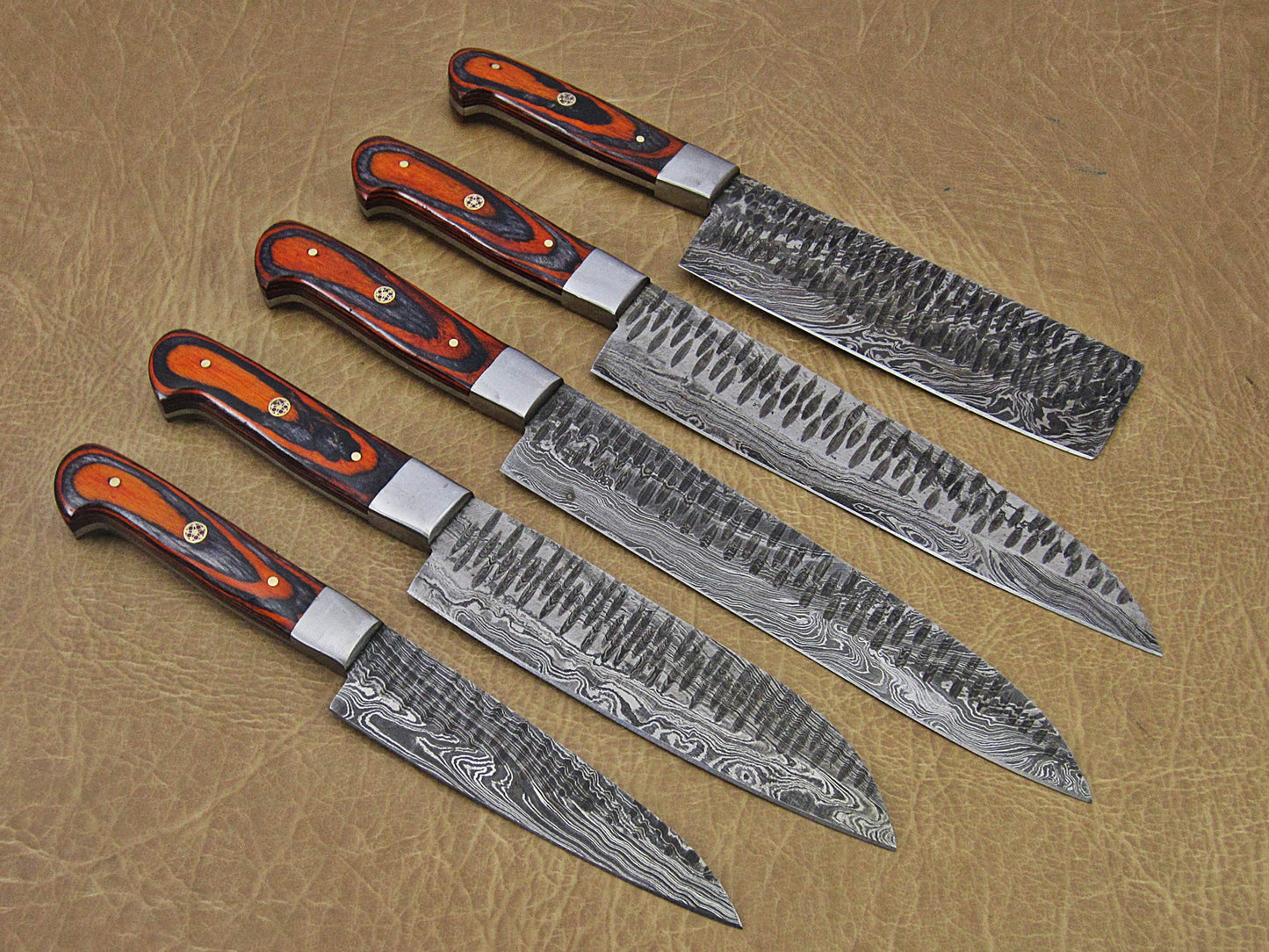 5 Pieces Damascus steel Hammered kitchen knife set, 2 tone Orange wood scale, 54 inches long sharp knives, Custom made hand forged Hammered Damascus steel blade, Goat suede Roll Leather sheath