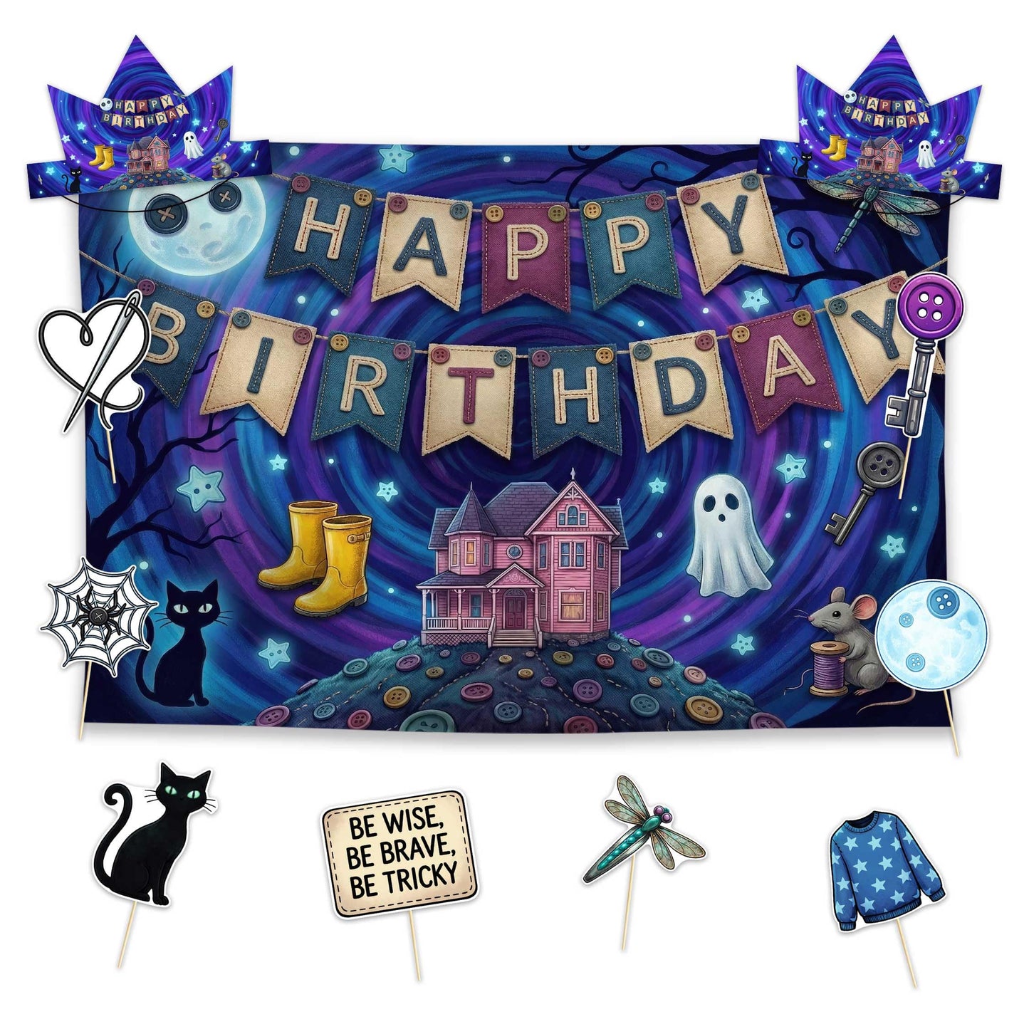 Allenjoy Horror Movie Halloween Cat Party Decorations Set - 11 Piece Kit with 59"x35" Backdrop, 2 Headbands, 8 Photo Booth Props, Decor Supplies, Favors for Boys Girls Men Women
