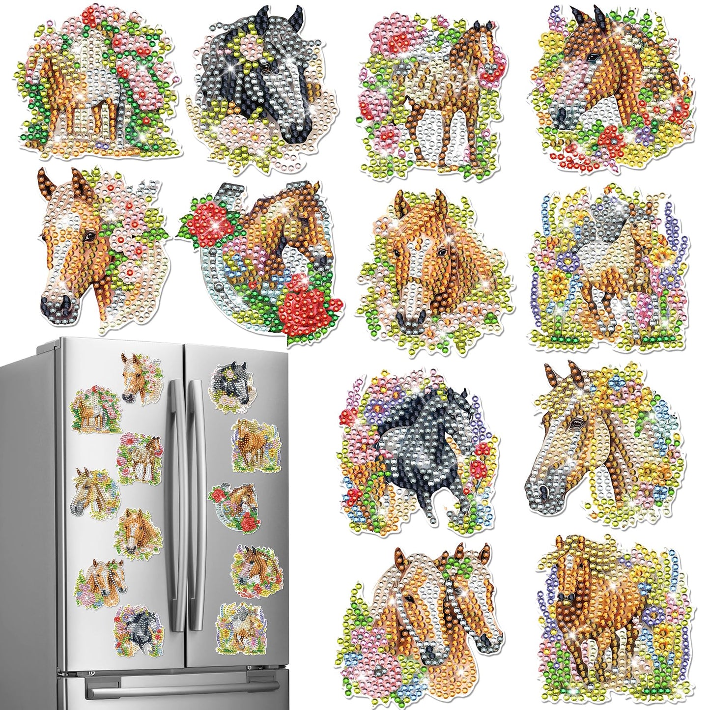 INCOK Diamond Art Refrigerator Magnets - 12 PCS Horse Diamond Painting Fridge Magnet Stickers Kits DIY Refrigerator Diamond Art Craft for Adult Beginners Home Decors Christmas Gift Horse Lover