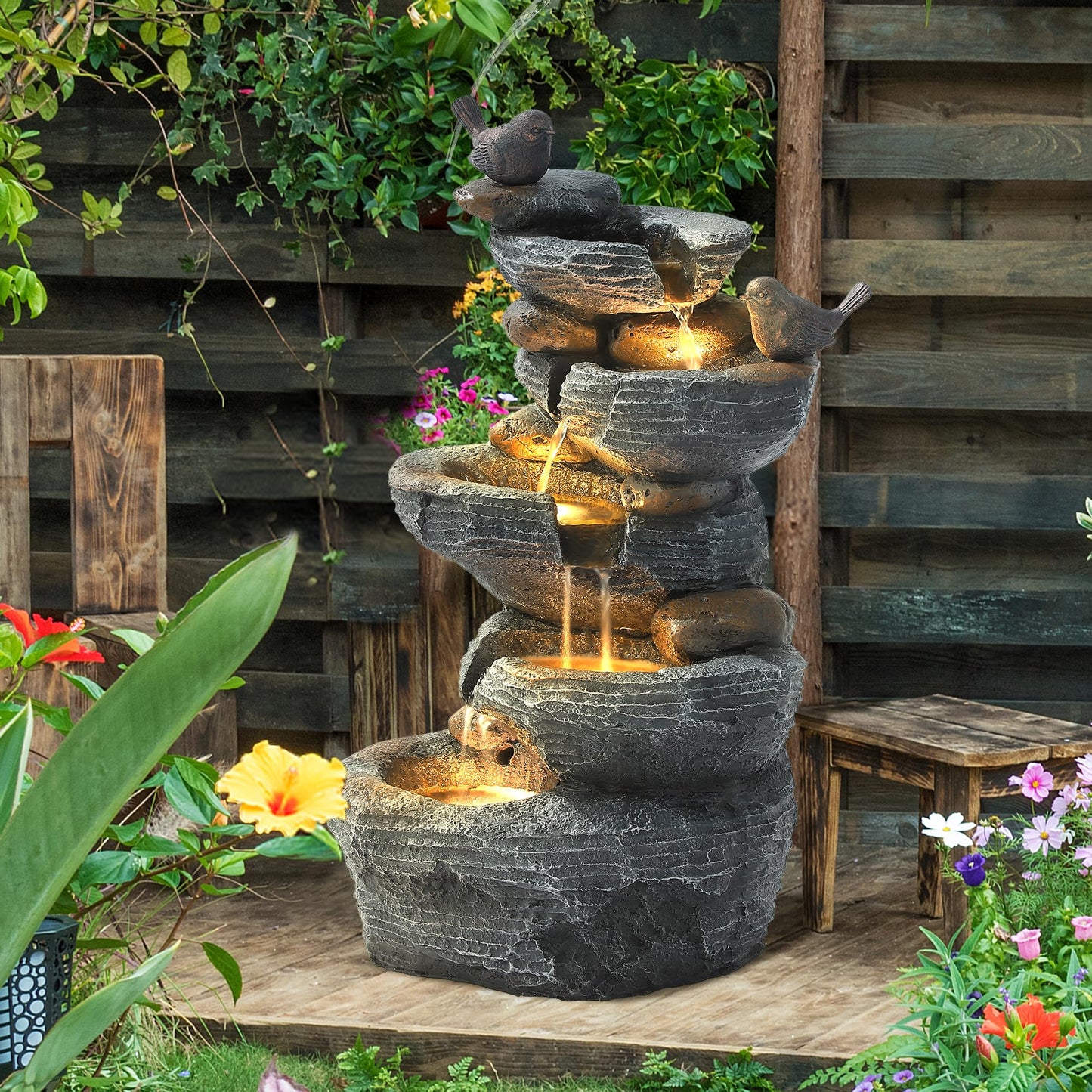 Grepatio Outdoor 5-Tiers Cascading Rock Water Fountain, Waterfall Fountain with 4 LED Lights, Outdoor Fountains and Waterfalls for Garden or Patio, Yard, and Deck Decor with Natural Stone Look