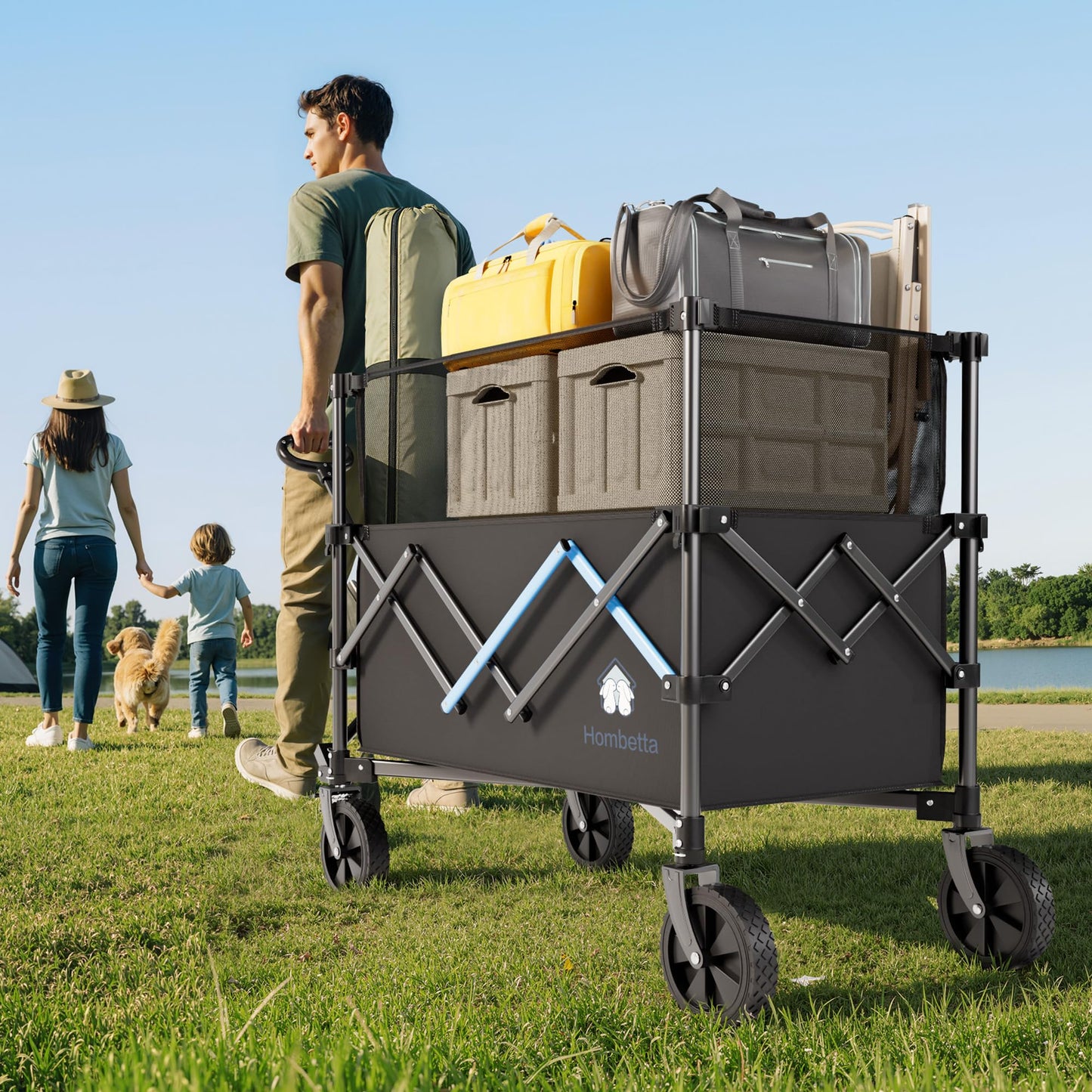 HOMBETTA 39" Collapsible Wagon Cart, 450 lbs Heavy Duty Folding Wagon with Brakes, Adjustable 150L-300L Utility Wagon with All-Terrain Wheels for Camping, Garden, Beach and Shopping