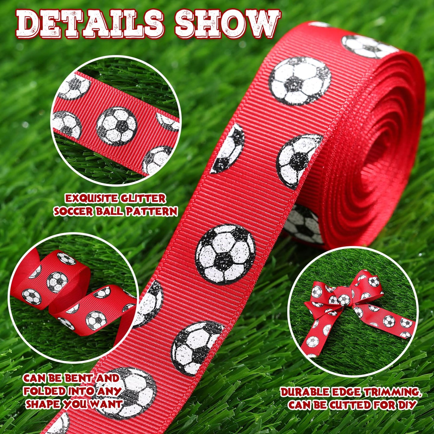 ROCEEI 10 Yards Soccer Ribbon Glitter Soccers Pattern 7/8 Inch Craft Grosgrain Ribbon Party Decorations for Gift Package Wrapping, Floral Design, DIY Hair Bow, Crafting(Red)