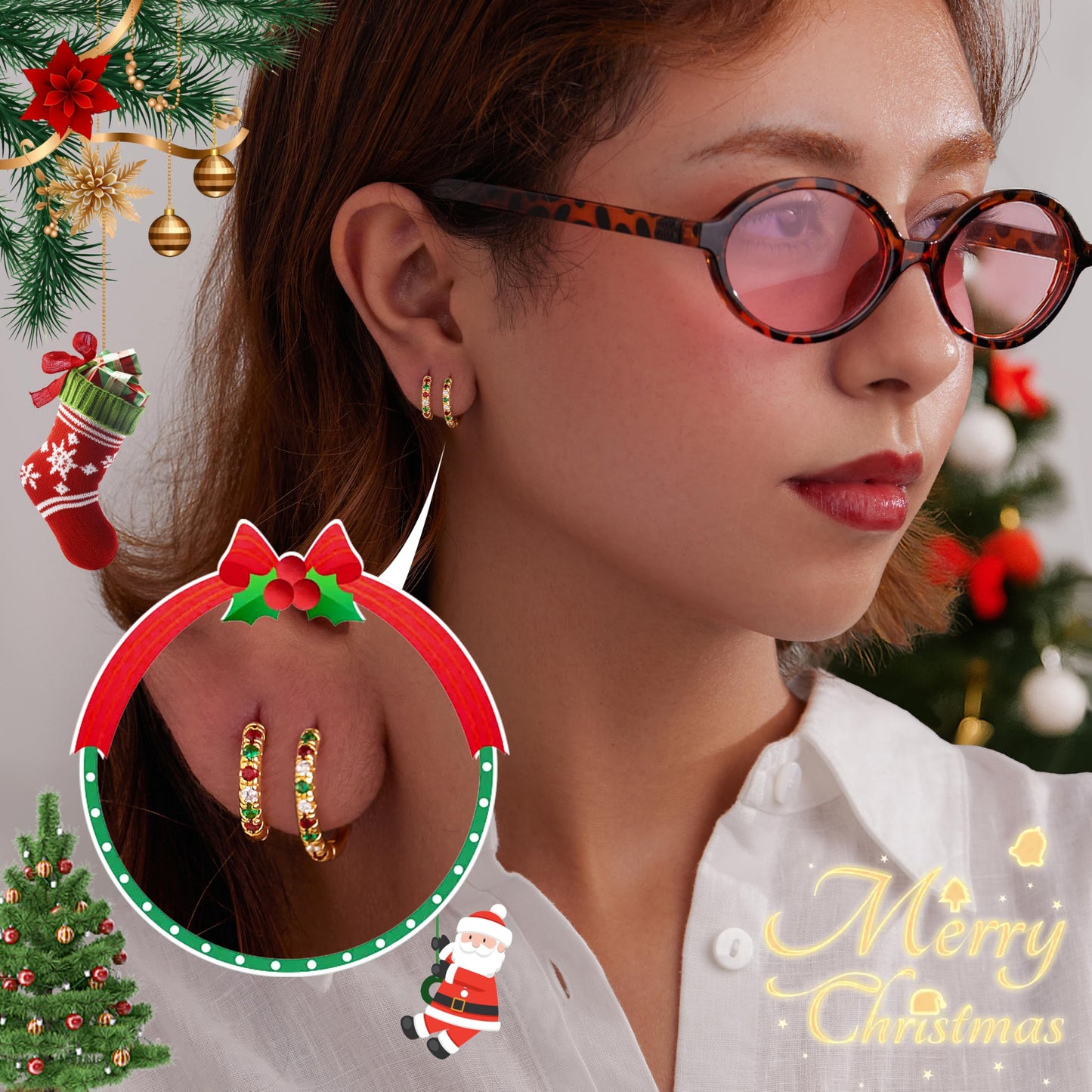Christmas Earrings for Women, Gold Red Green Hoop Festive Holiday Earring Set for Christmas Stocking Stuffer Jewelry Gifts