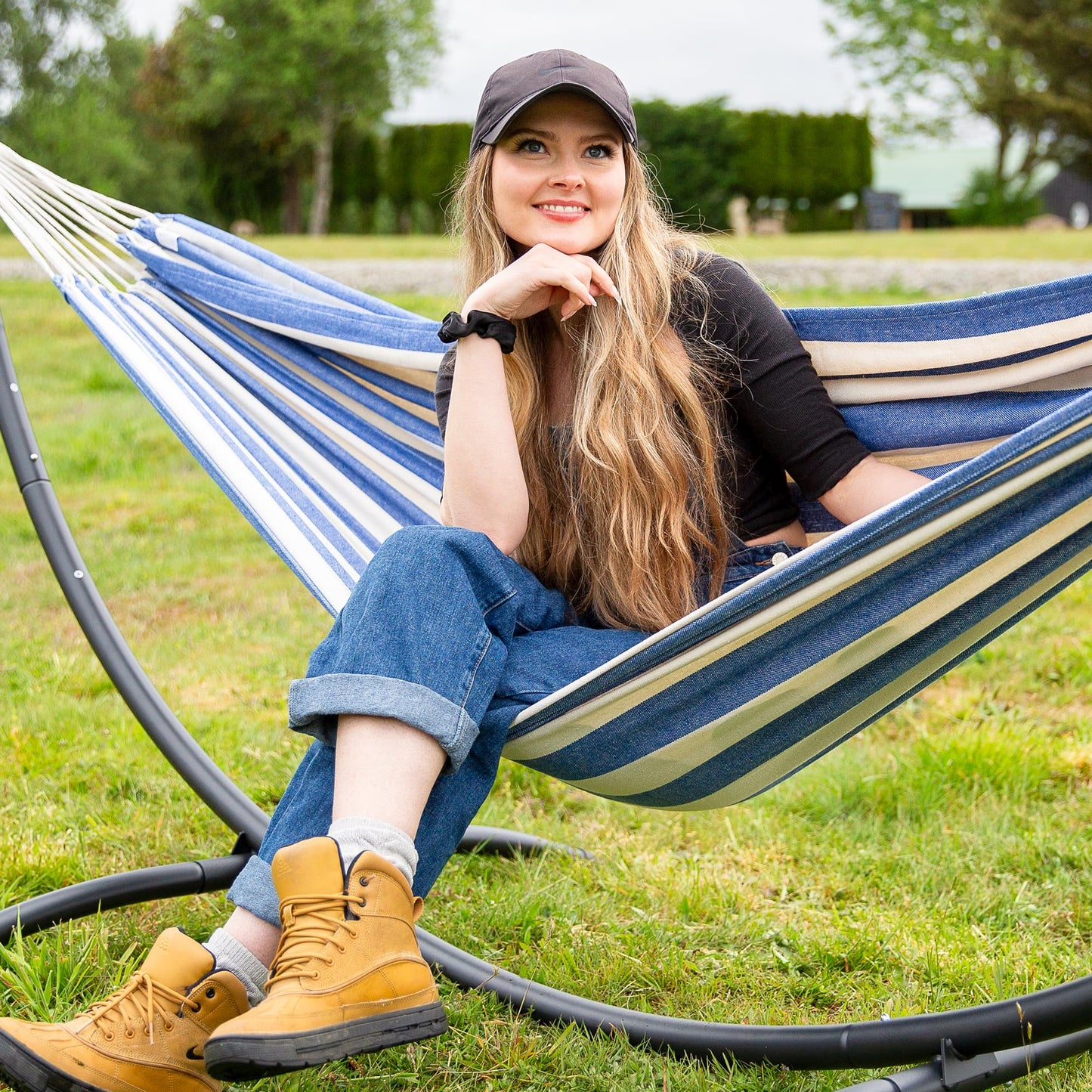 SUNCREAT Large Hammocks for Outside, Long Replacement Hammock Two Person for Stand, Blue White Stripes