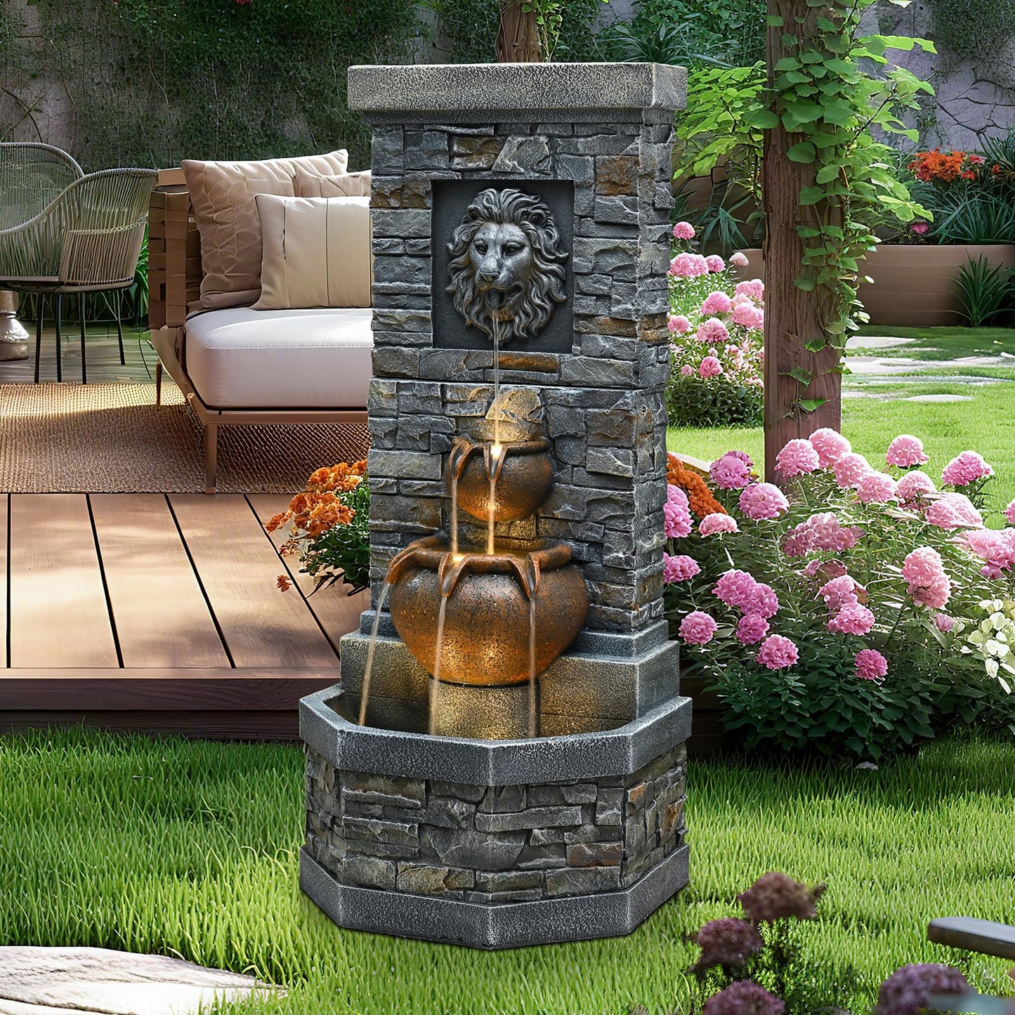 42'' Outdoor Garden Floor-Standing Water Fountain Lion Head Stone with Lights Outdoor Waterfall for Patio, Backyard, Deck, Porch and Home Art Decor
