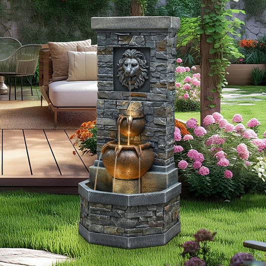 42'' Outdoor Garden Floor-Standing Water Fountain Lion Head Stone with Lights Outdoor Waterfall for Patio, Backyard, Deck, Porch and Home Art Decor