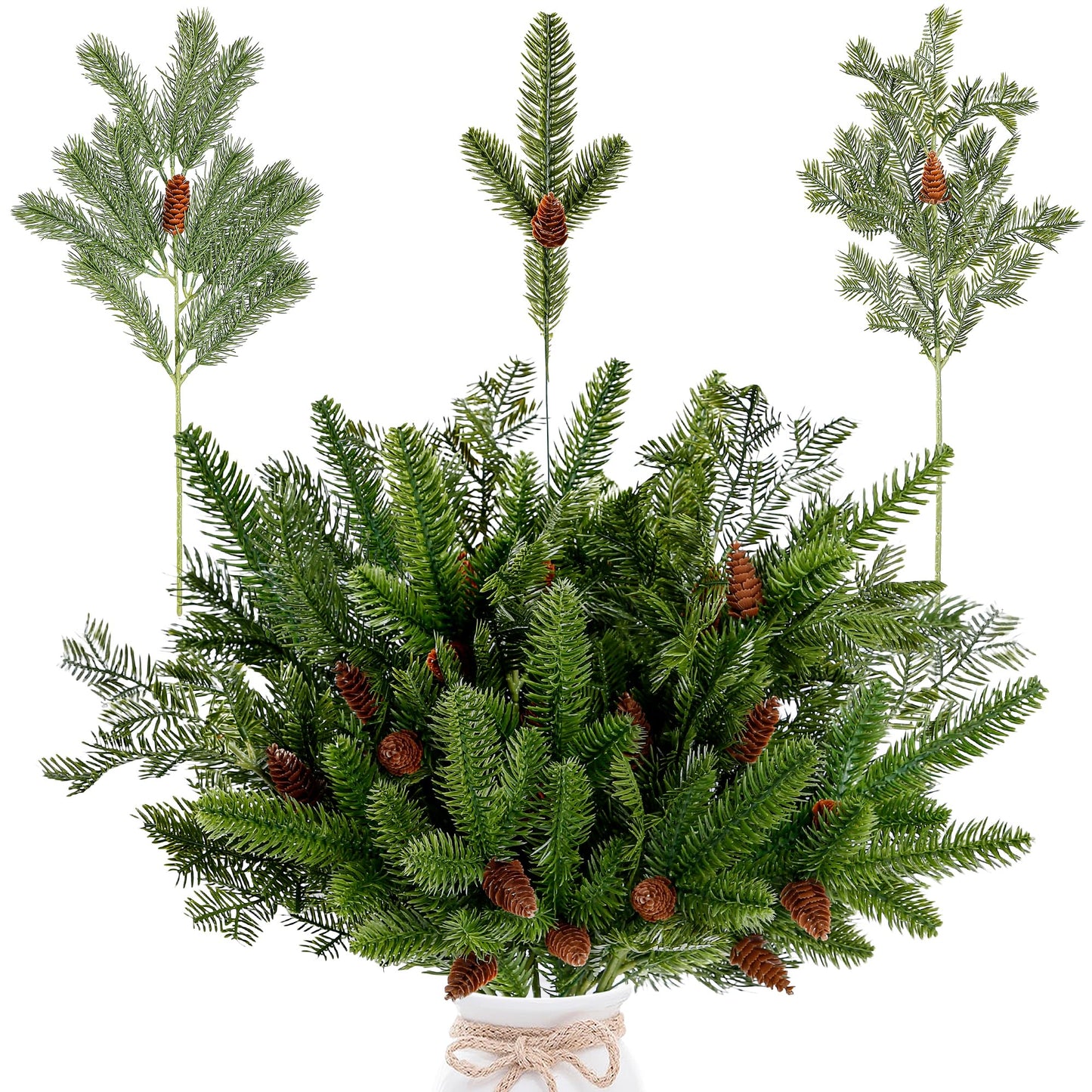 Sggvecsy 34 Pcs Artificial Pine Branches Faux Pine Needles with Pine Cones 19’’ Long Greenery Pine Picks Christmas Twigs Stems for DIY Garland Wreath Xmas Embellishing Home Garden Decoration