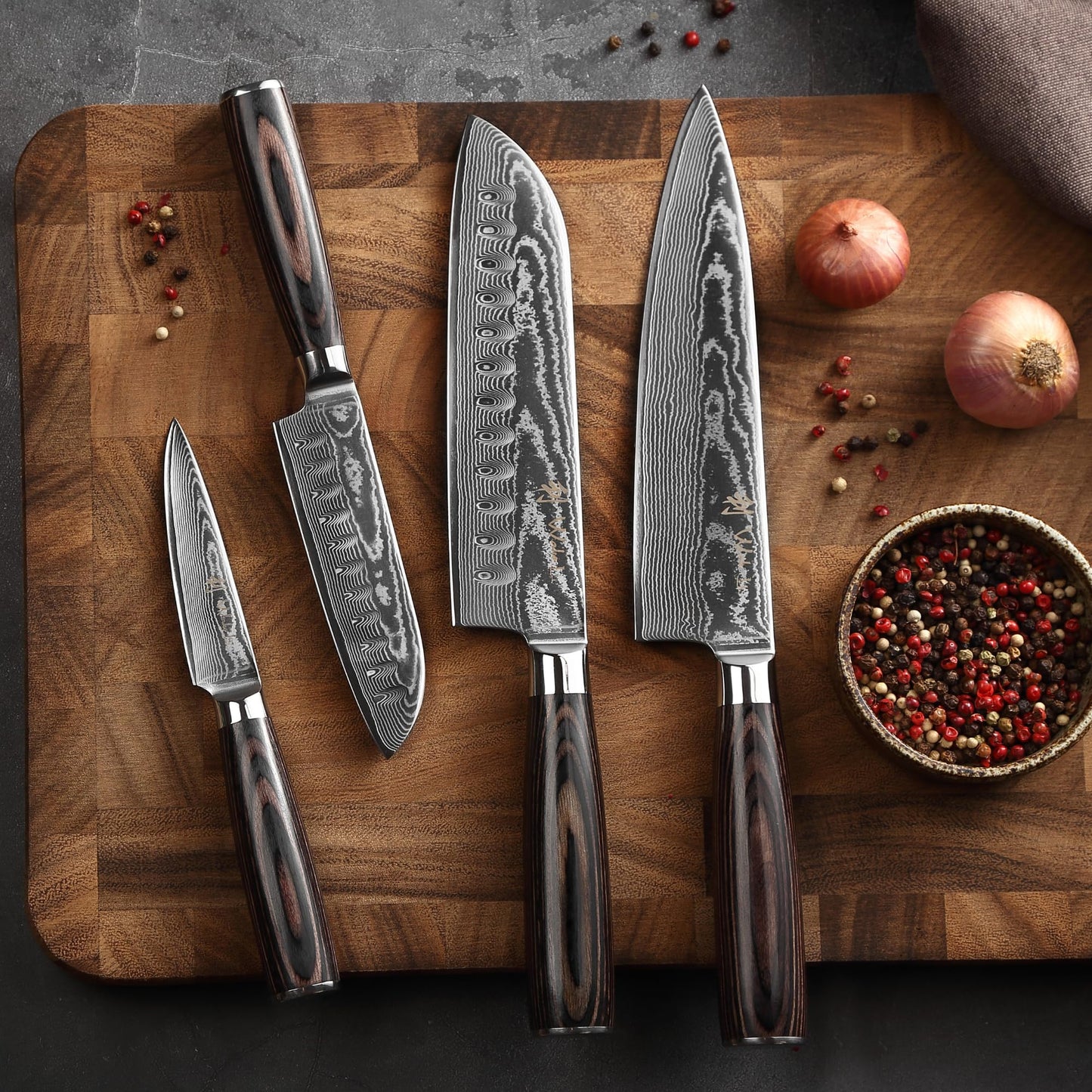 Wakoli EDIB Essentials 4-Piece Damascus Knife Set – Professional Kitchen Knives with VG10 Core, 67-Layer Damascus Steel Blades – Santoku, Chef, Small Santoku & Paring Knife with Pakkawood Handles
