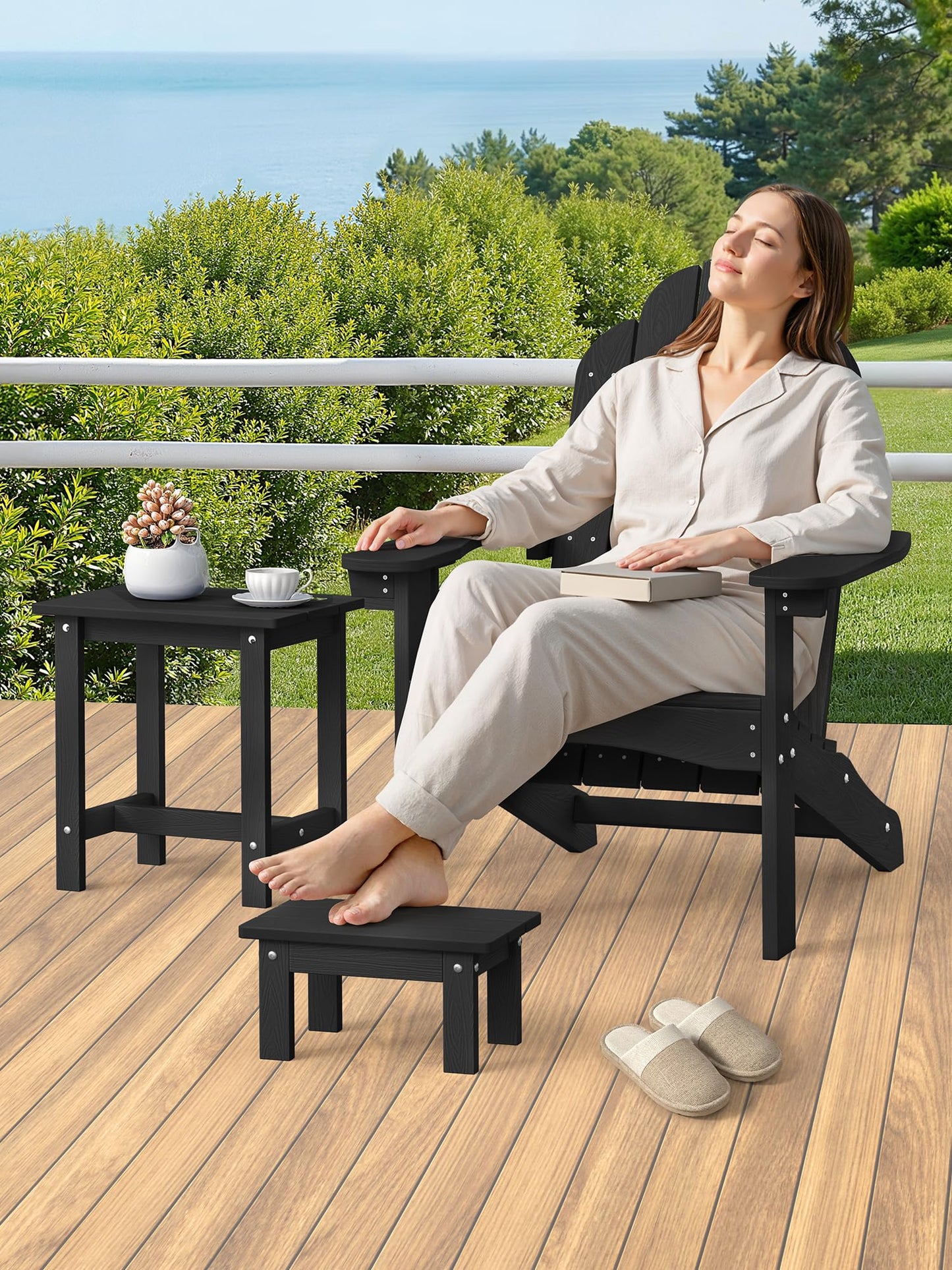 LUE BONA Outdoor Side Table, 2-Tier HDPS Outdoor Nesting End Table with Removable Small Foot Stool for Patio, Deck, Poolside, Low Maintenance & Weather Resistant,Black