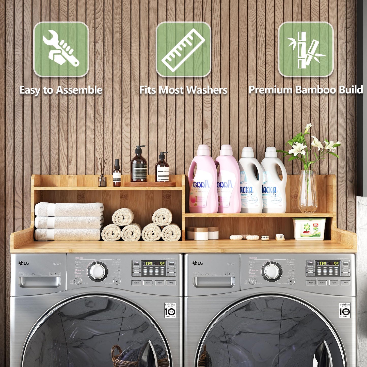 Wisuce Essentials 2-Tier Washer and Dryer Countertop w 54" W x 27.5" D Laundry Countertop Cover with Non-Slip Pad,Large Space Laundry Topper for Folding Clothes Over Washer and Dryer-White (Nature)