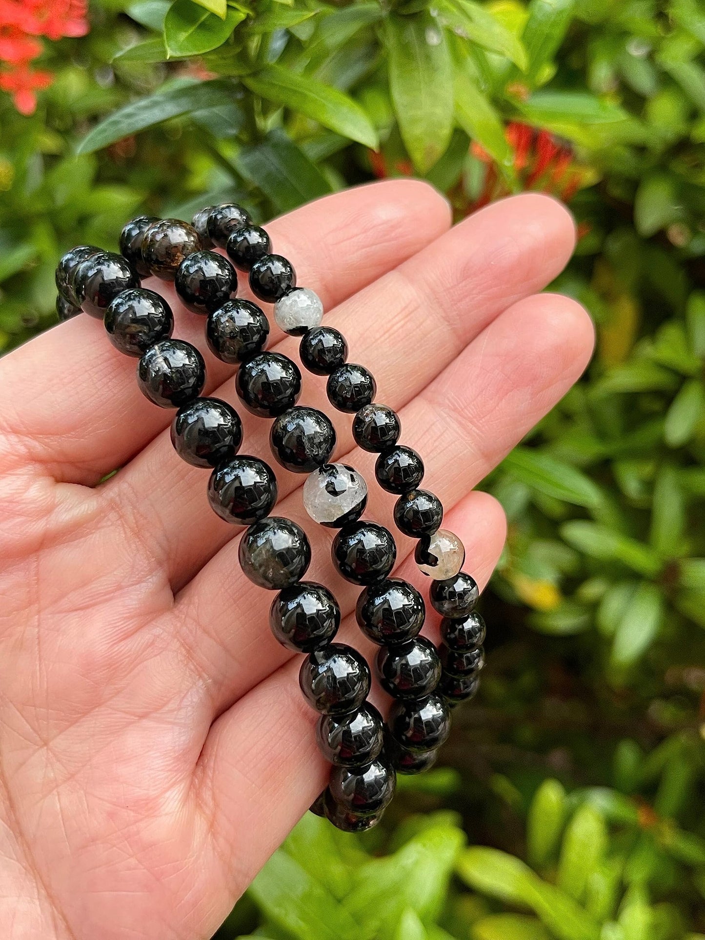GAF TREASURES Black Tourmaline With Quartz Crystal Bead Bracelet 6-8mm, Genuine Black Tourmaline With Quartz Stretch Gemstone Bracelet, Healing Crystal Bracelet, Gift for Men & Women (1)