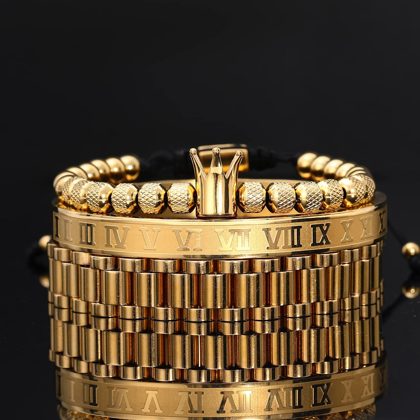 WFYOU 3PCS Stainless Steel Bracelets for Men Gold Roman Numeral Bangle Bracelet Twisted Cable Bracelet Adjustable Cuff Bracelet Mens Luxury Jewelry Bracelets Gifts(F:Gold)