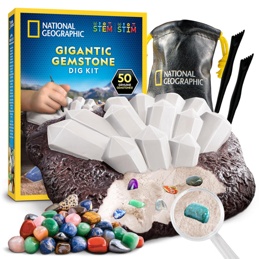 National Geographic Gigantic Gemstone Dig Kit – Excavate 50 Real Gems from a Giant Dig Brick, Gem Mining Kit for Kids, STEM Rock Collection Activity, Includes Tools & Learning Guide