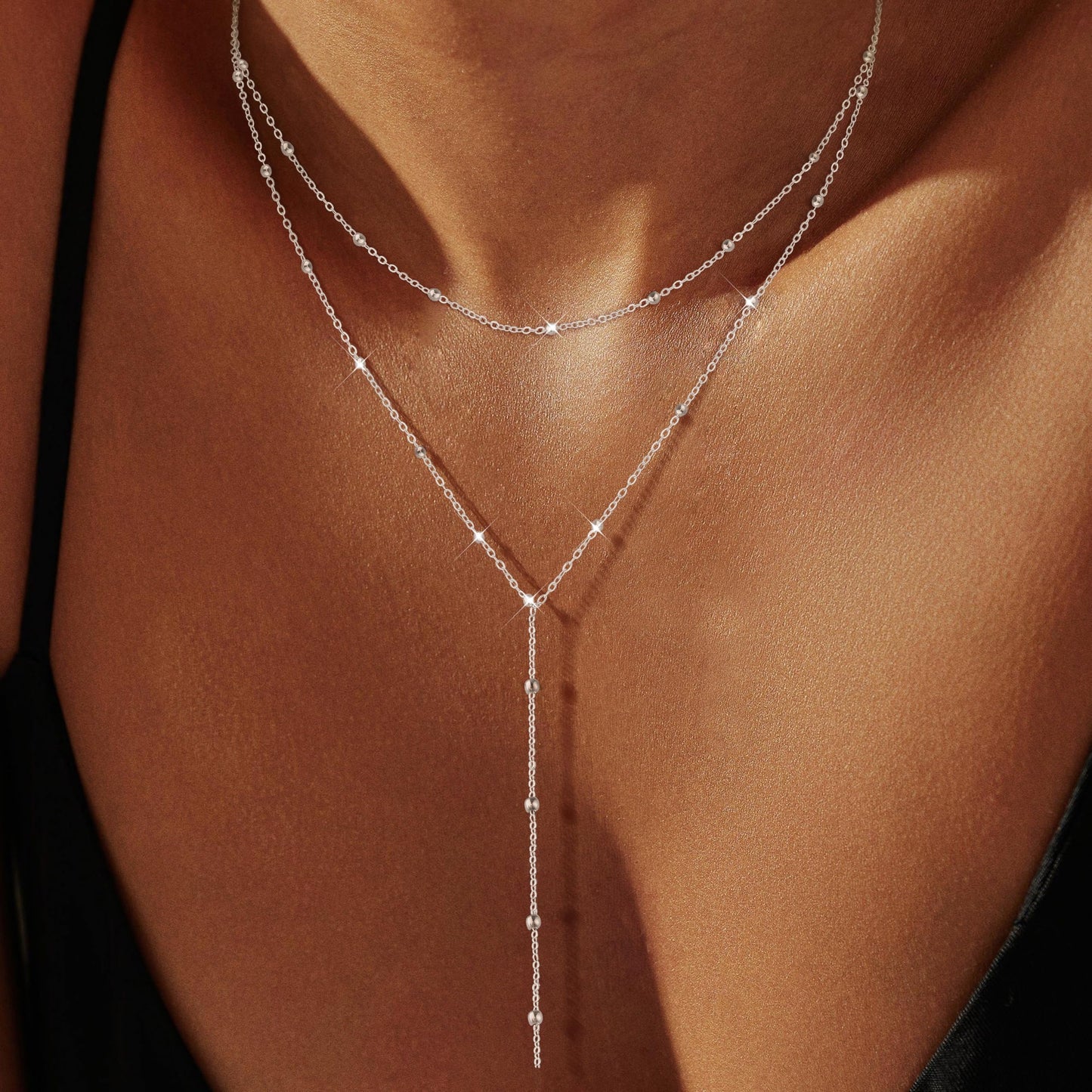 Lariat Silver Necklace for Women Waterprooof, Layered Long Necklace 14k Silver Plated Y-Shaped Beaded Chain Drop Necklace Body Chain Trendy Beach Accessories Fashion Silver Jewelry for Women Gift