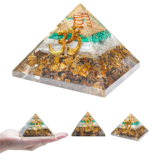 55mm orgone pyramid Tiger Eye, Selenite & Green Malachite protection crystals reiki healing stones, organite pyramid for good luck gift for women men gemstone crystal chakra charm orgonite collection