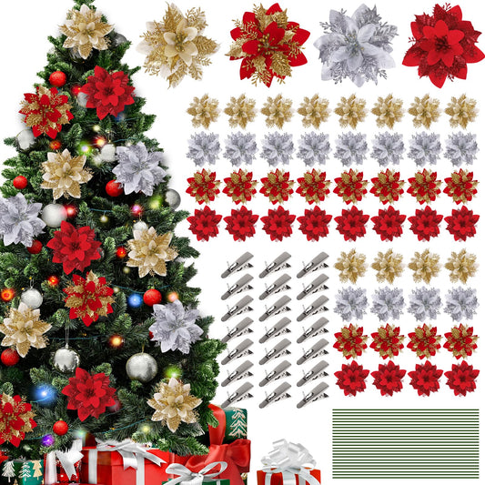 48 Pcs Christmas Poinsettia Artificial Flowers with Clips 5.5" Christmas Tree Wreaths Garland Decoration Glitter Flowers Picks Decor with Stems for DIY Xmas Wreath New Year Holiday Home Party Decor