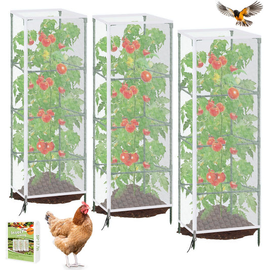 3 Pack Tomato Netting for Garden Protection, 59x18x18 inches Ultra-Fine Mesh Plant Netting Cover for Square Tomato Cage, Bird,Pest & Small Animal Barrier with Zipper & Drawstring