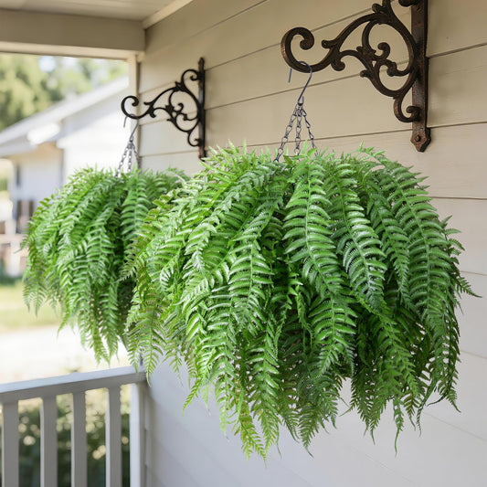 FancyPlus Artificial Hanging Plants Outdoor, UV Resistant Fake Fern Faux Greenery 2 Set for Outside Planter Patio Home Garden Decor (10 Branches&2 Basket)