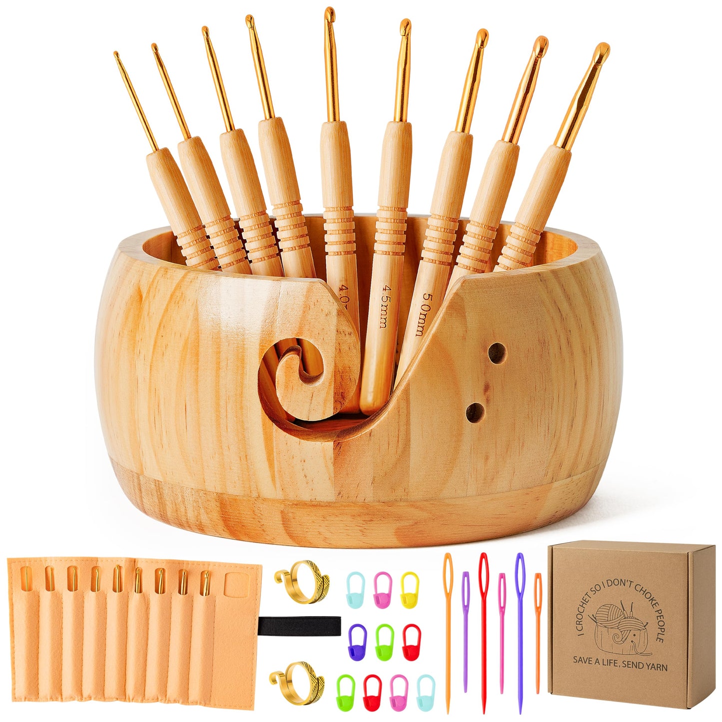 WATINC Wooden Yarn Bowl Holder Set - Large Crochet Yarn Storage Bowls with 9pcs Metal Knitting Hooks, Adjustable Loop Ring Stitch Markers with Box Crochet Gifts for Knitters Crocheters (Natural)