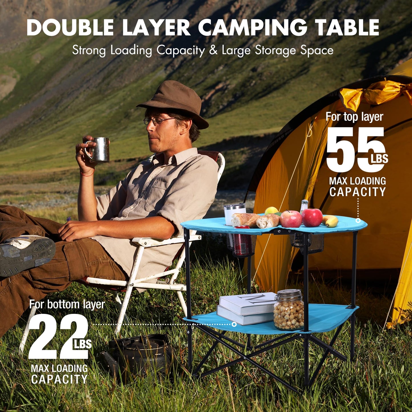 VILLEY Folding Camping Table, Lightweight Double-Layer Round Table with 4 Cup Holders and Carry Bag, Portable Beach Table for Camp, Travel, Fishing, Outdoor Activities, Blue