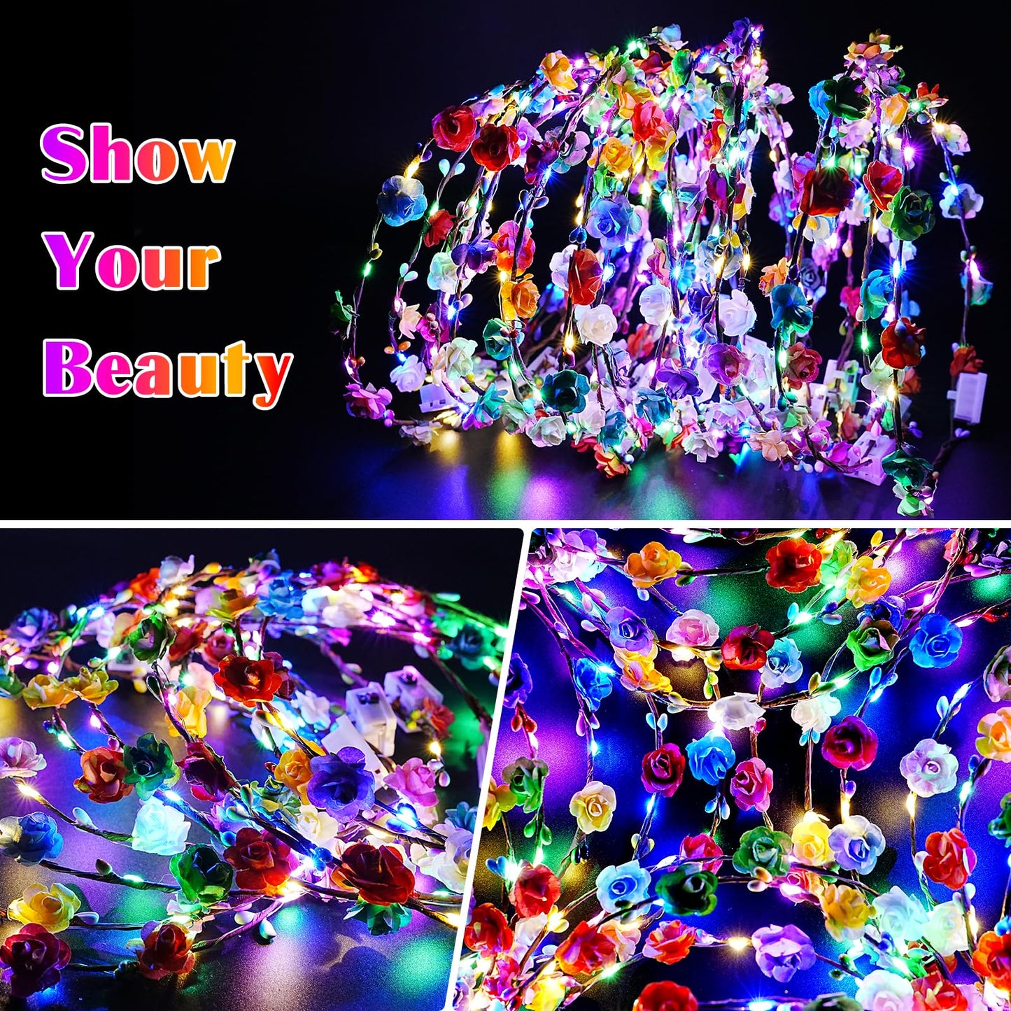 HONLYNE 100 PCS LED Flower Crowns Headbands, Light Up Flower Crowns For Women, Glow in the Dark Headband for Wedding Reception Birthday Christmas Mardi Gras Cosplay Princess Party Favors