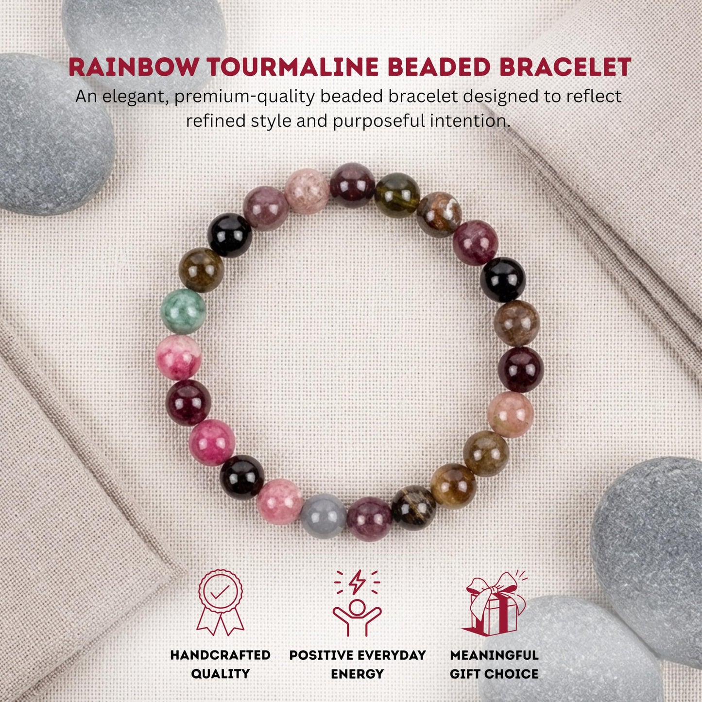Cherry Tree Collection Rainbow Tourmaline Beaded Bracelet – Genuine 8mm Gemstone Stretch Bracelet for Men & Women – Handmade Crystal Bracelet - (Rainbow Tourmaline - S)