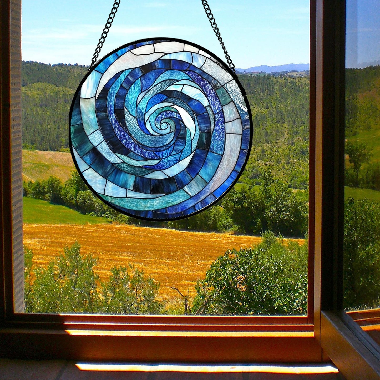 CRISGIF Stained Glass Window Hanging - Blue Abstract Swirl Suncatcher for Doors Garden Patio Unique Sun Catchers Decor Christmas Mother's Day Birthday Gifts for Women Men Mom Nana Friend 11.8 in