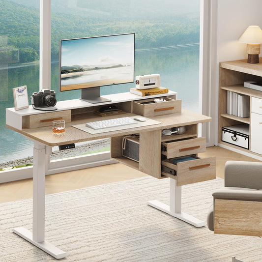 ModernMate Standing Desk with 4 Drawers, 47.2 x 23.6 Inch Whole Piece Height Adjustable Electric Sit Stand Desk, Computer Home Office Workstation with Open Storage Shelf, Light Walnut