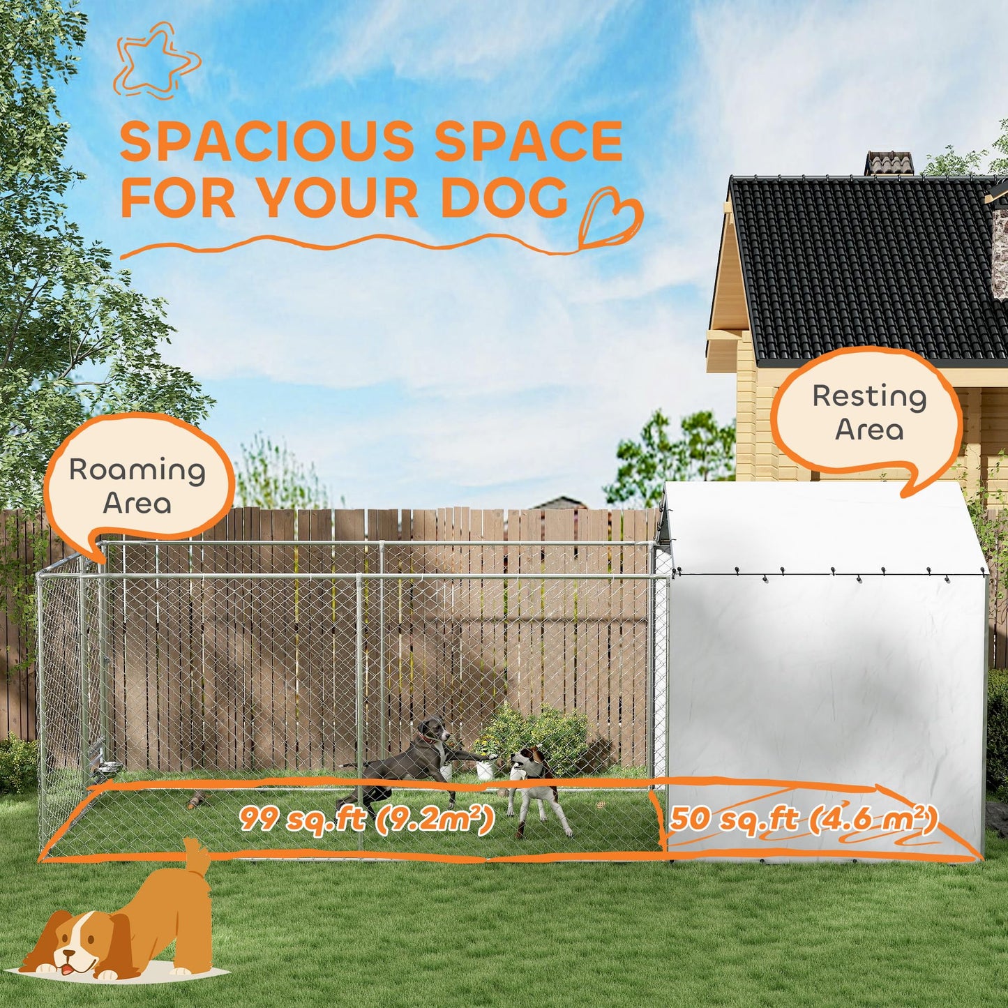 PawHut Large Outdoor Dog Kennel, Heavy Duty Galvanized Chain Link Dog Kennel Outside with Waterproof & UV-Resistant Cover, Rotating Bowls Door, for M&L Breeds, Chickens, Ducks, 20' x 7.5' x 7.5'