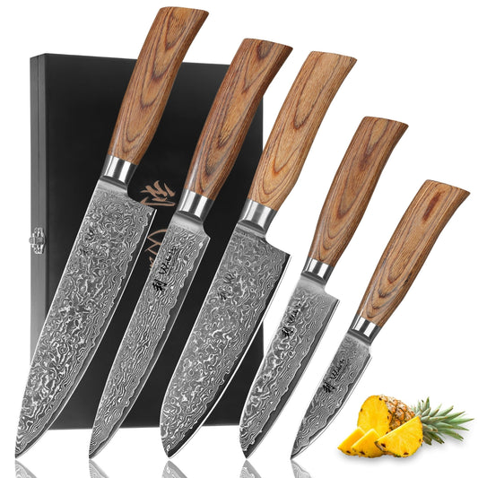 Wakoli EDIB Pro 5-Piece Damascus Knife Set – Professional Chef Knives Set with VG10 Core Blades, 67-Layer Damascus Steel and Ergonomic Pakkawood Handles – Premium Kitchen Knives in Wooden Gift Box