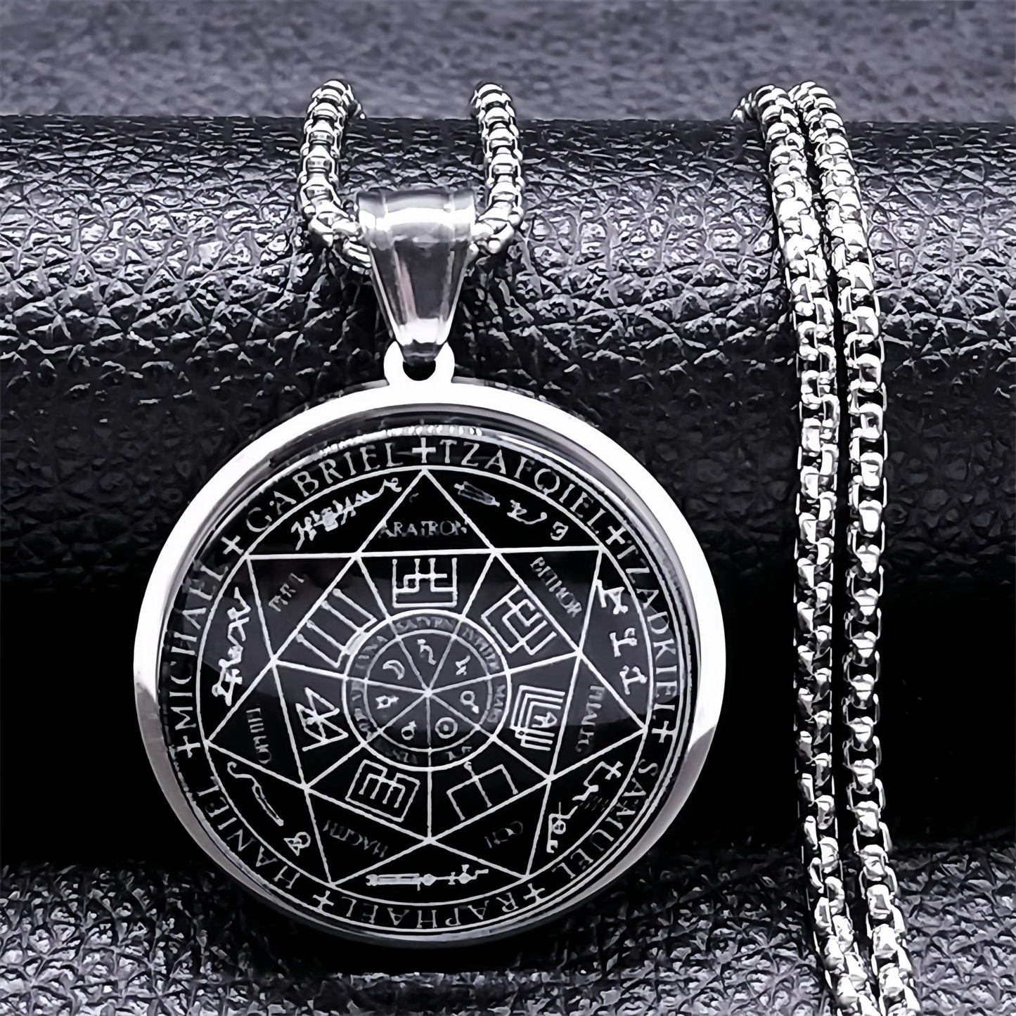 Seven Angel Medal Pendant Stainless Steel Glass Solomon Talisman Necklace Guardian Jewelry Men and Women 24 inch Gift Set (silvery)