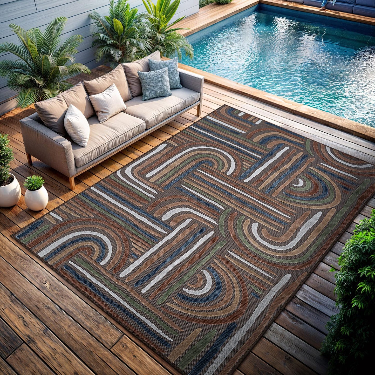 CAMILSON Indoor Outdoor Rug, Brown 9x12 Geometric Arch Striped Large Area Rugs for Patio and Home Areas, Easy-Cleaning Non-Shedding Living Room, Garden and Deck Washable Outside Carpet (9 x 12)