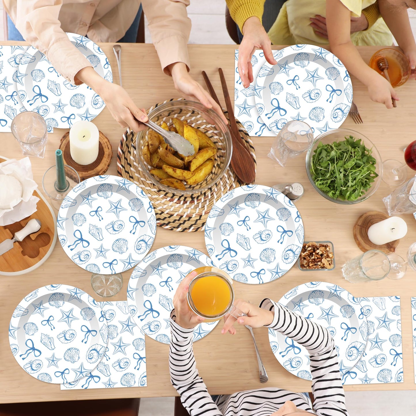Jisfigtrh 60PCS Blue Bow Seashell Tableware Kit 7" Under The Sea Dinner Plates Ocean Dessert Plates Beach Starfish Seashell Party Supplies for Kids Girls Boys Birthday Graduation Events