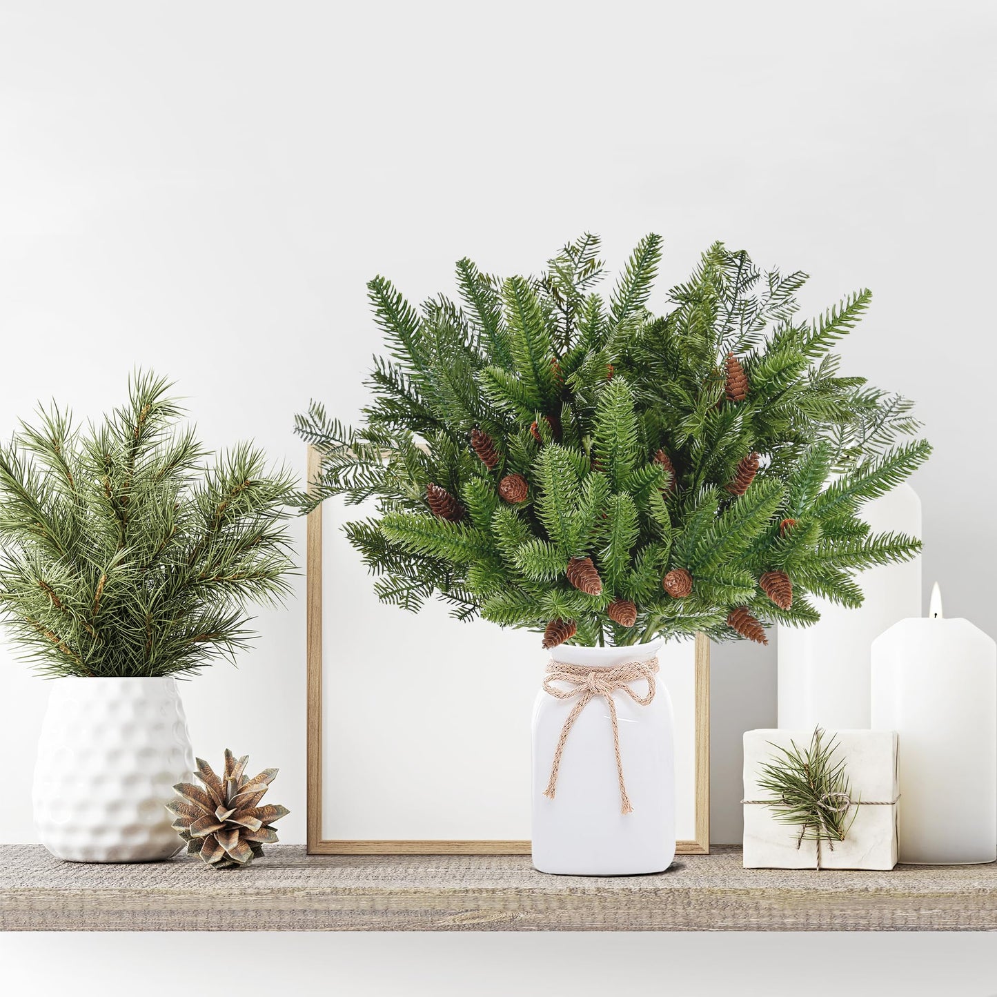 Sggvecsy 34 Pcs Artificial Pine Branches Faux Pine Needles with Pine Cones 19’’ Long Greenery Pine Picks Christmas Twigs Stems for DIY Garland Wreath Xmas Embellishing Home Garden Decoration