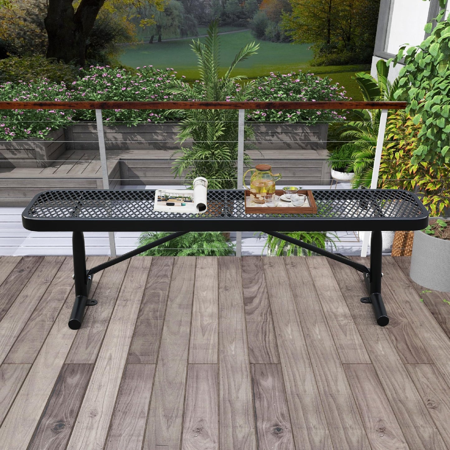 Congfutt 6FT Metal Park Bench for Outside, All-Weather Thermoplastic Coating Outdoor Bench with Anchor, Commercial Heavy Duty Benches for Shopping Malls, Stores, Parks, Patios, Decks, Black
