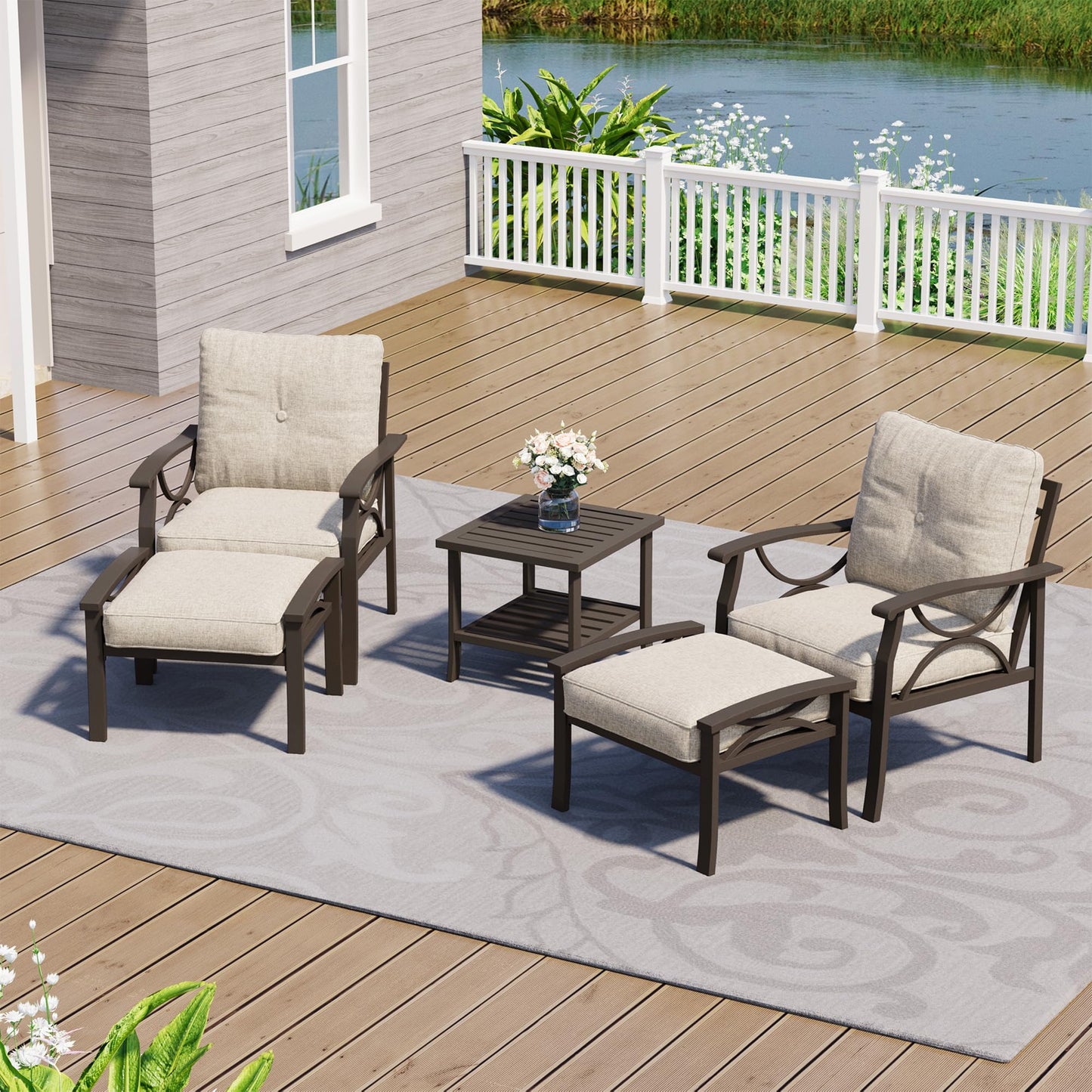 FansaFurn 5-Piece Outdoor Patio Furniture Set, Outdoor Metal Sectional Furniture with Cushions, Outdoor Conversation Seating Set with Side Table for Garden, Balcony, Deck, Backyard, Khaki
