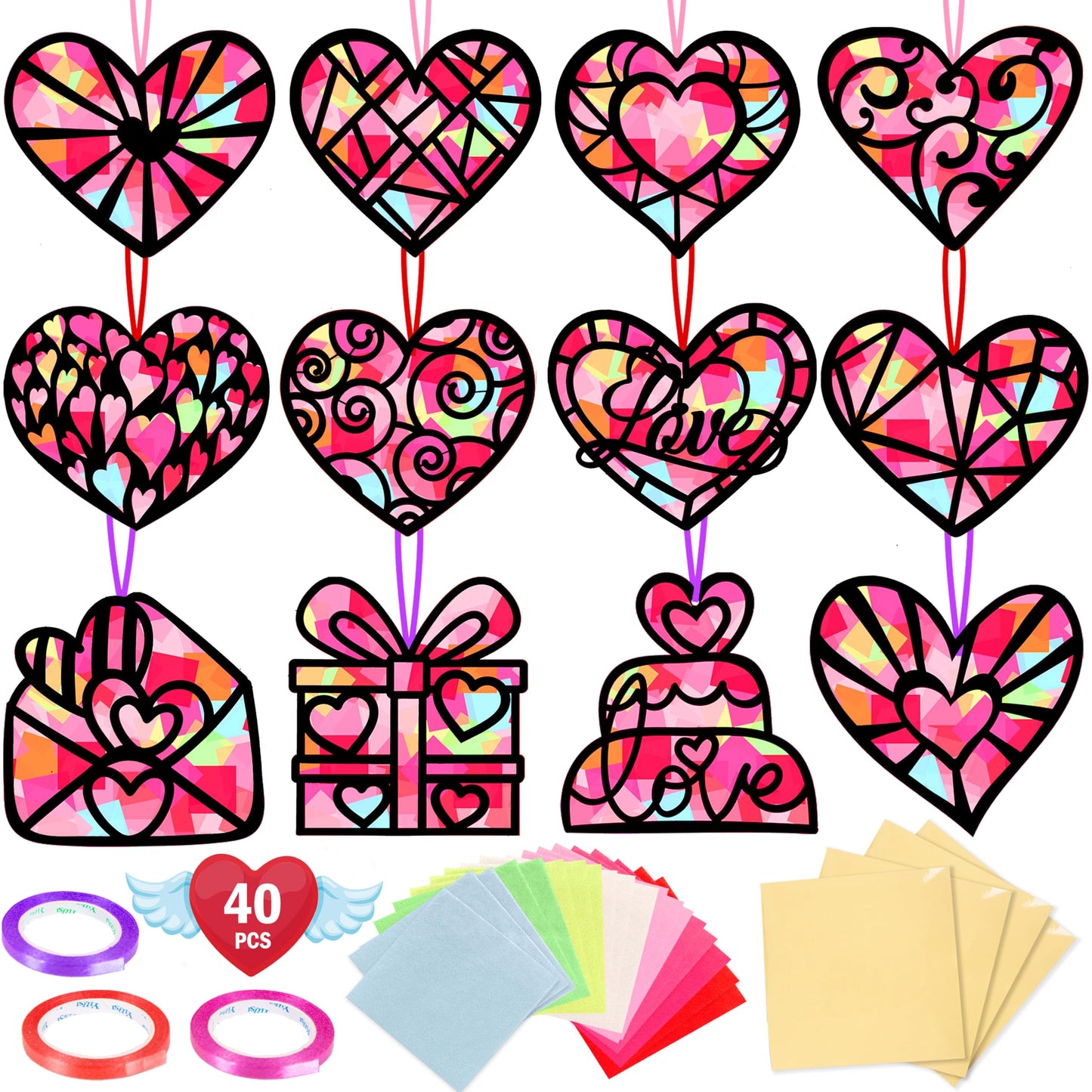 Renbuzhu 40PCS Valentines Day Crafts: Paper Heart Suncatchers, Christmas Valentine's Classroom DIY Kits, Window Stained Glass Effect Art Supplies