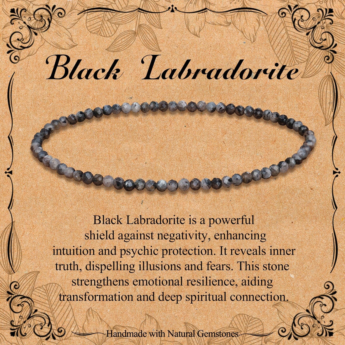 BONNY BOXX Natural Genuine Gemstone Faceted Round Beads Bracelets, 3mm Adjustable Stretchy Tiny Faceted Black Labradorite Bracelet, Healing Crystal Reiki Chakra Dainty Jewelry Fashion Gifts