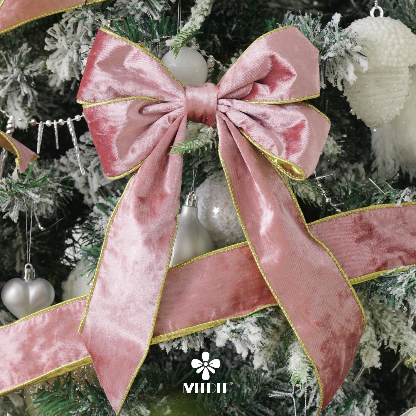 MEEDEE Pink and Gold Velvet Ribbon 2.5 inch Thick Velvet Wired Edge 10 Yards Two Tone Ribbon for Christmas Tree, Gift Wrapping, Wreaths, Large Bows, Crafts Supply
