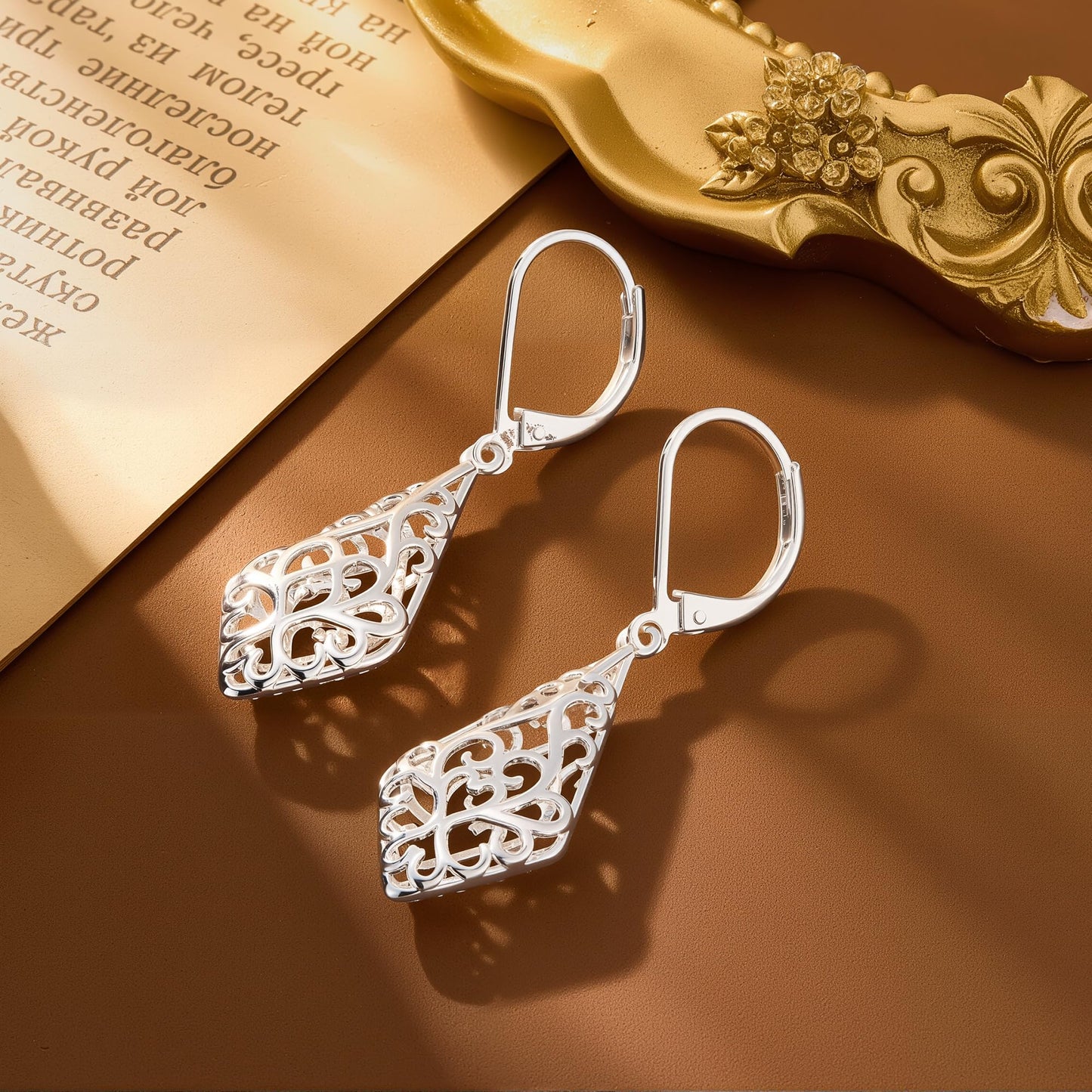 925 Sterling Silver Dangle Earrings for Women, Geometric Filigree Dangling Leverback Earrings, Silver Hypoallergenic Lightweight Dangly Drop Earings for Women Trendy Jewelry Gifts