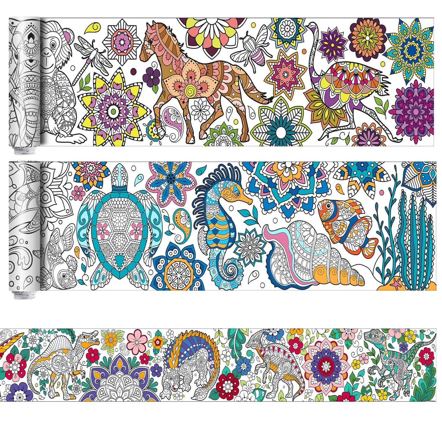 Pasimy 3 Pieces Giant Coloring Posters 11.8 x 118 Inch Mandala Animals Jumbo DIY Drawing Paper Large Coloring Sheets Pages Huge Mandala Drawing Banner for Adult Kid Home Classroom Activity(Animals)