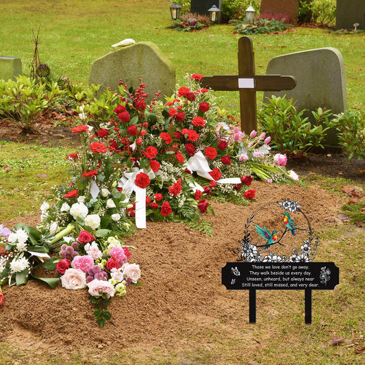 Rngmsi Hummingbird Cemetery Decorations for Grave, Bird Flower Metal Memorial Grave Markers for Humans, Memorial Plaques for Outdoors Grave Decor Sympathy Stake for Mom Dad Outside Yard Garden